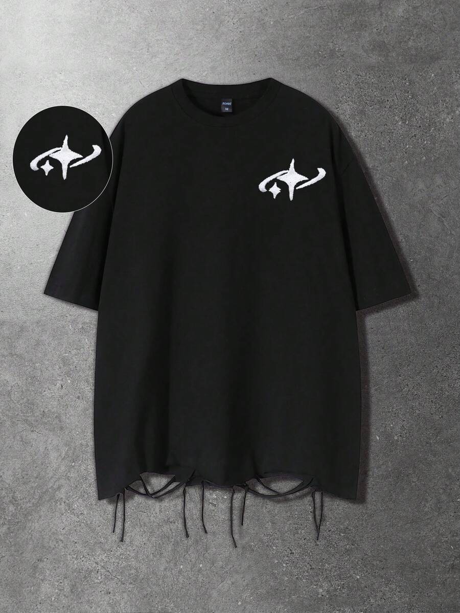 ROMWE MEN Men's Casual Fashion Street Daily Commute Star Embroidery Distressed Hem Loose Fit Black T-Shirt, Summer - Black - View 1