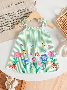 SHEIN Playful Pals 女婴服装 女婴连衣裙 全花卉图案 吊带蝴蝶结 夏季优雅清新连衣裙 - 綠色 - 查看 5