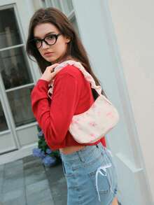 SHEIN MOD 1buc nailon alb cu imprimeu floral cu fermoar geantă de umăr casual, versatilă și la modă pentru femei uz zilnic - alb - Vizualizare 1