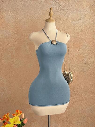 Elamini Vestido de punto con escote halter para vacaciones para mujer