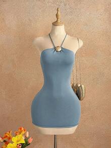 Elamini 性感露背度假针织连衣裙 - 藍色 - 查看 4