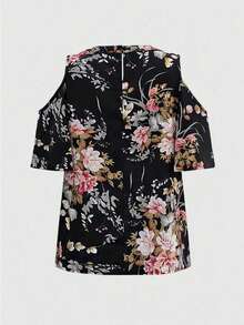 SHEIN PETITE Petite Women's Floral Print Off-Shoulder Short Sleeve Casual Vacation Shirt, Spring/Summer - Black - View 2