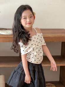 DAZY 女童夏季休闲度假波点印花翻领露肩褶皱修身T恤 - 米色 - 查看 3