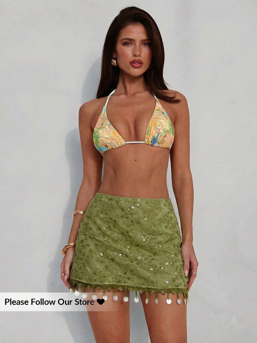 Aloruh 优雅亮片流苏沙滩迷你裙，女士 - 綠色 - 查看 1