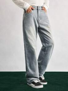 Open Phase 宽松无弹力直筒水洗棉质牛仔裤，百搭阔腿水洗牛仔裤，情侣直筒宽松水洗牛仔裤，Y2K风格休闲裤，带纽扣和拉链，适合所有季节，春夏宽松版型，男士夏季度假装，复古美式，男女皆宜，宽松版型夏季服装——适合日常穿着和夏季度假装。 - 淺藍色 - 查看 5