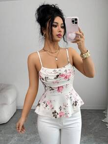 Top de tirantes con volantes y estampado de rosas, ideal para vacaciones de verano - Multicolor - Ver 6