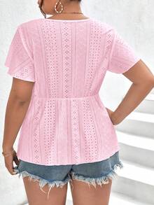 SHEIN Frenchy Plus Ruffle Trim Contrast Lace Butterfly Sleeve Doll Tee - Dusty Pink - View 2