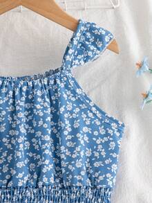 2pcs/Set Young Girls' Summer Blue Floral Print Off Shoulder Flutter Sleeve Shirt And Elastic Waist Ruffle Hem Skirt Casual Outfit - Blue - View 5