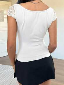 SHEIN EZwear Áo thun cổ tim phối ren trắng thanh lịch, thích hợp cho mùa hè. - trắng - Xem 2