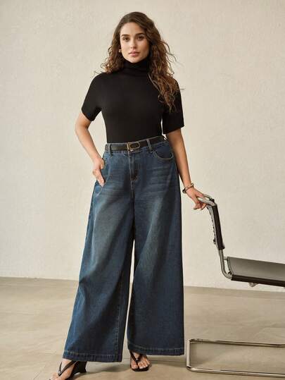 MOTF PREMIUM PLUS SIZE WOMEN'S CASUAL EVERYDAY COMMUTE SIMPLE SOLID COLOR TURTLENECK SHORT SLEEVE FITTED BLACK KNIT TOP, SPRING/AUTUMN