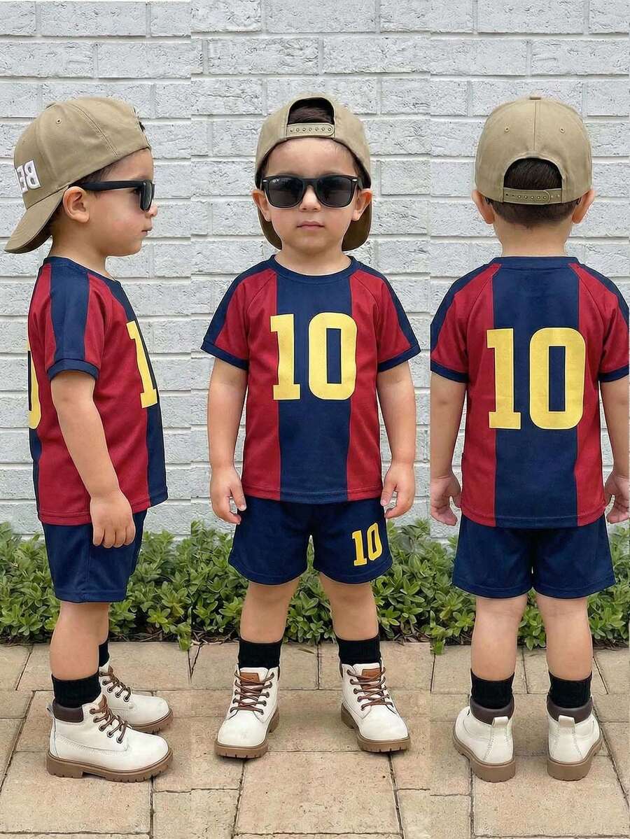 2pcs/Set Young Boys' Red & Blue Striped Sports Jersey Outfit, Knit Top Tee And Shorts Set, Barcelona FC, Suitable For Indoor, Outdoor, Daily Wear, Sports, Play, Party, Photo Shoot, Vacation, Match, Spring/Summer - Multicolor - View 1