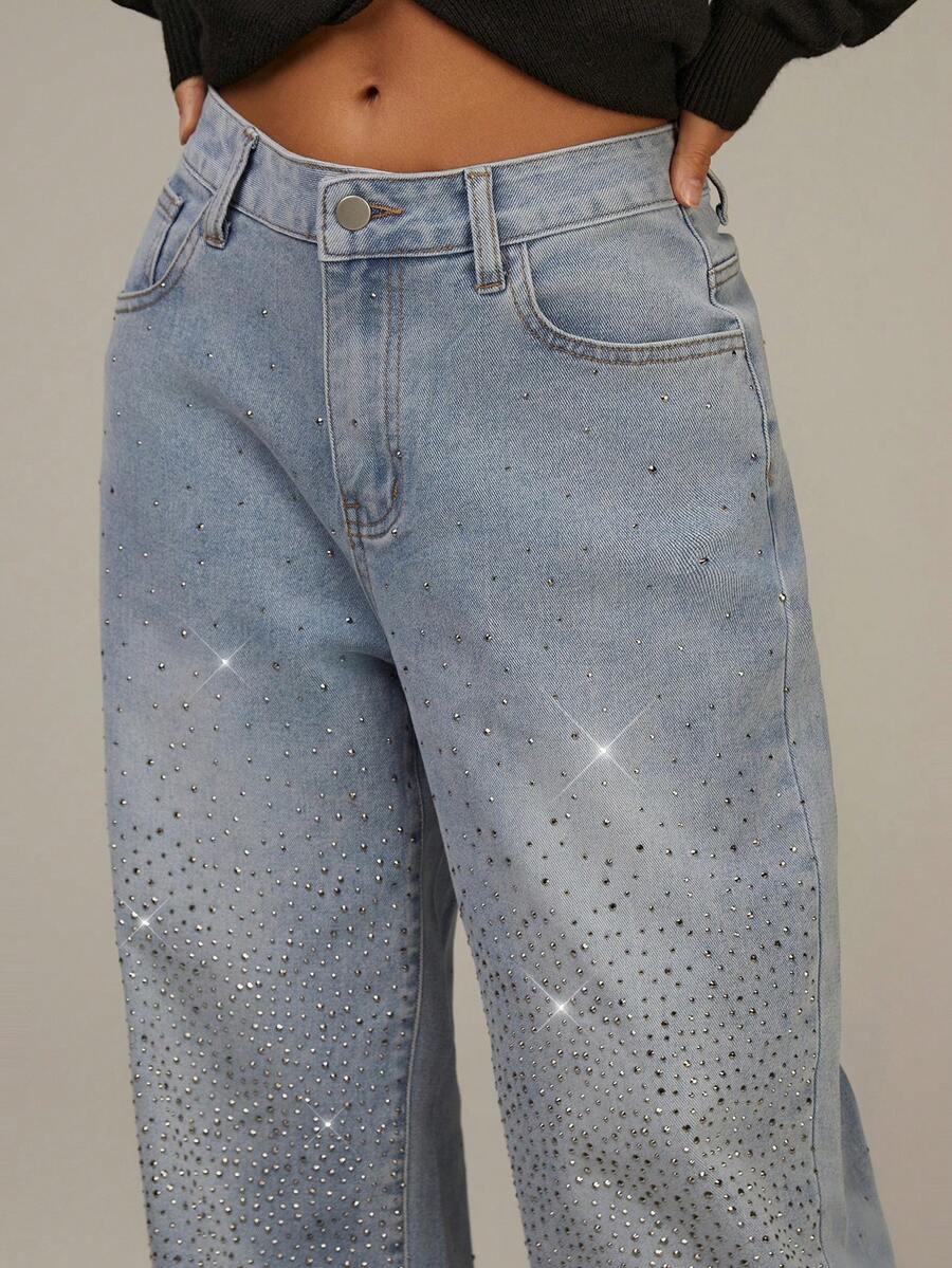 Athîral Women's Casual Washed Rhinestone Straight-Leg Jeans - Baby Blue - View 1