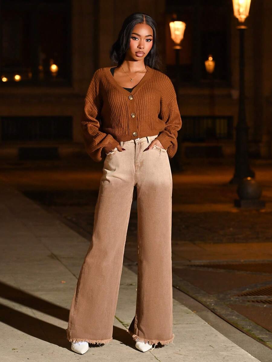 Mima John Solid Button Front Ribbed Knit Cardigan,Long Sleeve Tops,Knitted Sweater In Fall/Winter - Camel - View 1