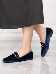 Sleekvia Women's Classic Suede Navy Blue And Gold Button Flat Loafers, Commuter Shoes - Royal Blue - View 5