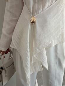 DAZY Women's Textured Waist Cinching Elegant Office Wear Gold Accent Shirt - White - View 5