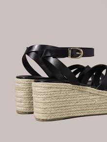 Styleloop 女士草编绳交叉绑带高跟圆头凉鞋 - 黑色 - 查看 4