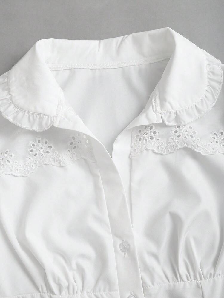 SHEIN Sweetro Áo kiểu thêu lãng mạn tay phồng, thích hợp mặc thường ngày và đi làm, kiểu dáng công chúa thanh lịch, màu trơn, mang đến cảm giác nghỉ hè. - trắng - Xem 7