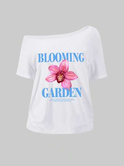 SHEIN Sweetro Camiseta blanca suelta y oversize para mujer, con hombros descubiertos, estampado floral de hibisco, adecuada para la playa, talla grande