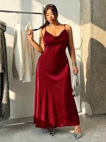GalTyme Wine Red Plus Size Women's Elegant Cowl Neck Party Dress,,Date, Commute, Party,Fall /Autumn/Winter/Summer,Christmas,New Year,Thanksgiving,Party,Wedding,Beach,Graduati,Chic,Elegant,Casual,Going Out,Date,Appointment,Commute,Shining,Valentine's Day,Elegant ,Vacation,Casual,Y2k,Sexy - Burgundy - View 5