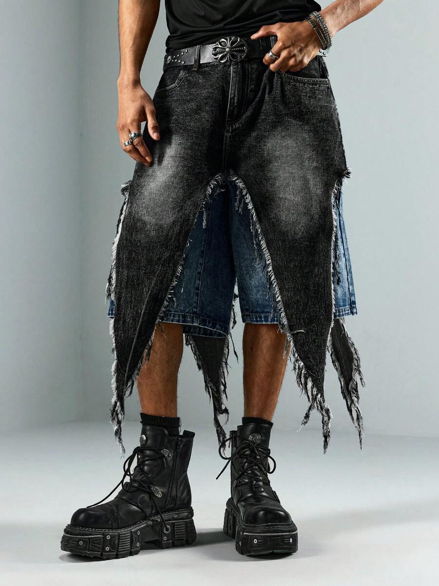 ROMWE MEN Street Life 男士破洞牛仔短裤，裤脚毛边 - 藍色 - 查看 1