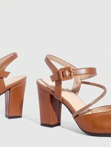 CUCCOO SZL Women's Pointed Toe Chunky Heel Ankle Strap Rhinestone Embellished Pumps, Brown, Classic Elegant Fashion Versatile Slip-On Mule Heels - Brown - View 6