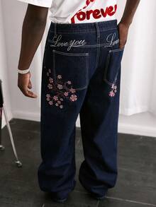 GALLERY FADE 男士休闲街头风刺绣蓝色牛仔裤 - 深色水洗藍 - 查看 6