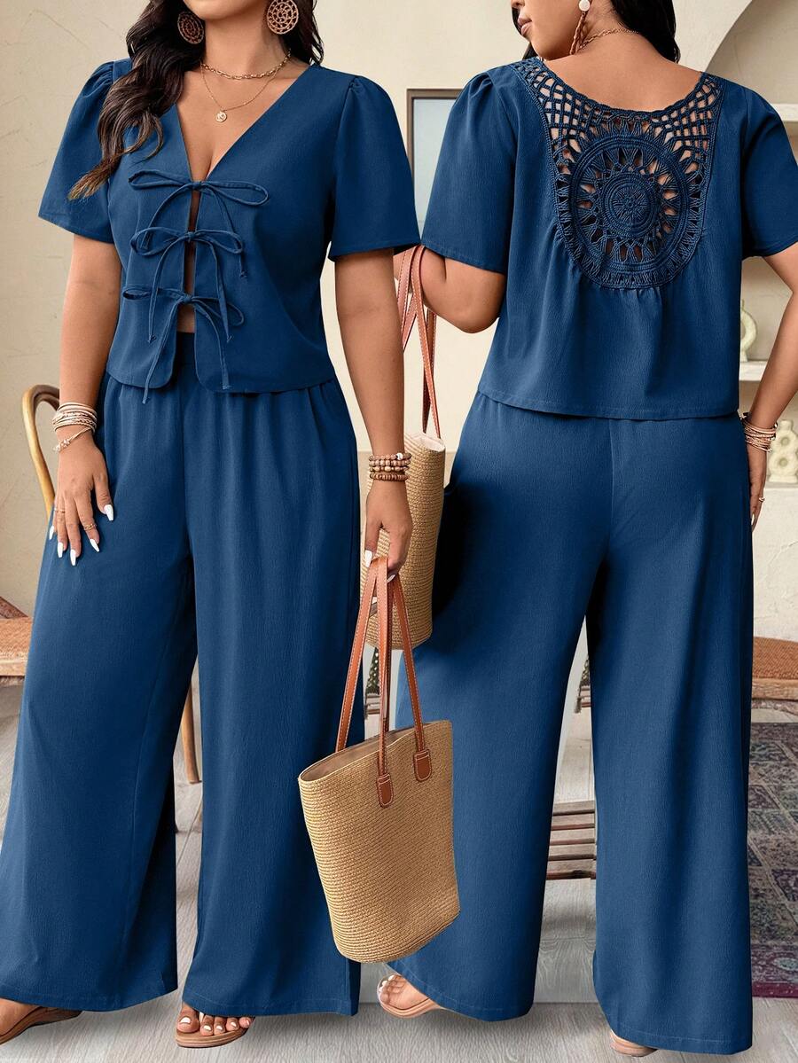 EMERY ROSE Plus Size Summer Solid Color Front Tie Backless Top And Pants 2 Pieces Set Women Vacation Outfit Sets Pant Suit Summer Sets - Teal Blue - View 1