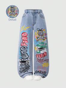 SHEIN ChillGRL Tween Girls' Denim Cargo Wide Leg Pants, Sweet & Cool Street Fashion Casual Sporty Vacation Style - Medium Wash - View 6