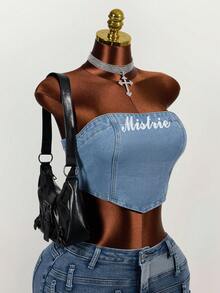 Women's Fashionable Street Letter Graphic Cropped Denim Camisole Top, Summer - Blue - View 6