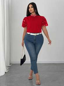 Elenzga Áo sơ mi nữ cỡ lớn mùa xuân/hè mới, cổ tàu, chất liệu chiffon đính ngọc trai, tay ngắn bồng bềnh, thích hợp cho các buổi gặp gỡ trang trọng, hẹn hò lãng mạn, ngày Valentine, đi làm, lễ hội âm nhạc, đám cưới lãng mạn: Trang phục công sở thanh lịch sang trọng, thời trang tối giản cỡ lớn. - Đỏ - Xem 4