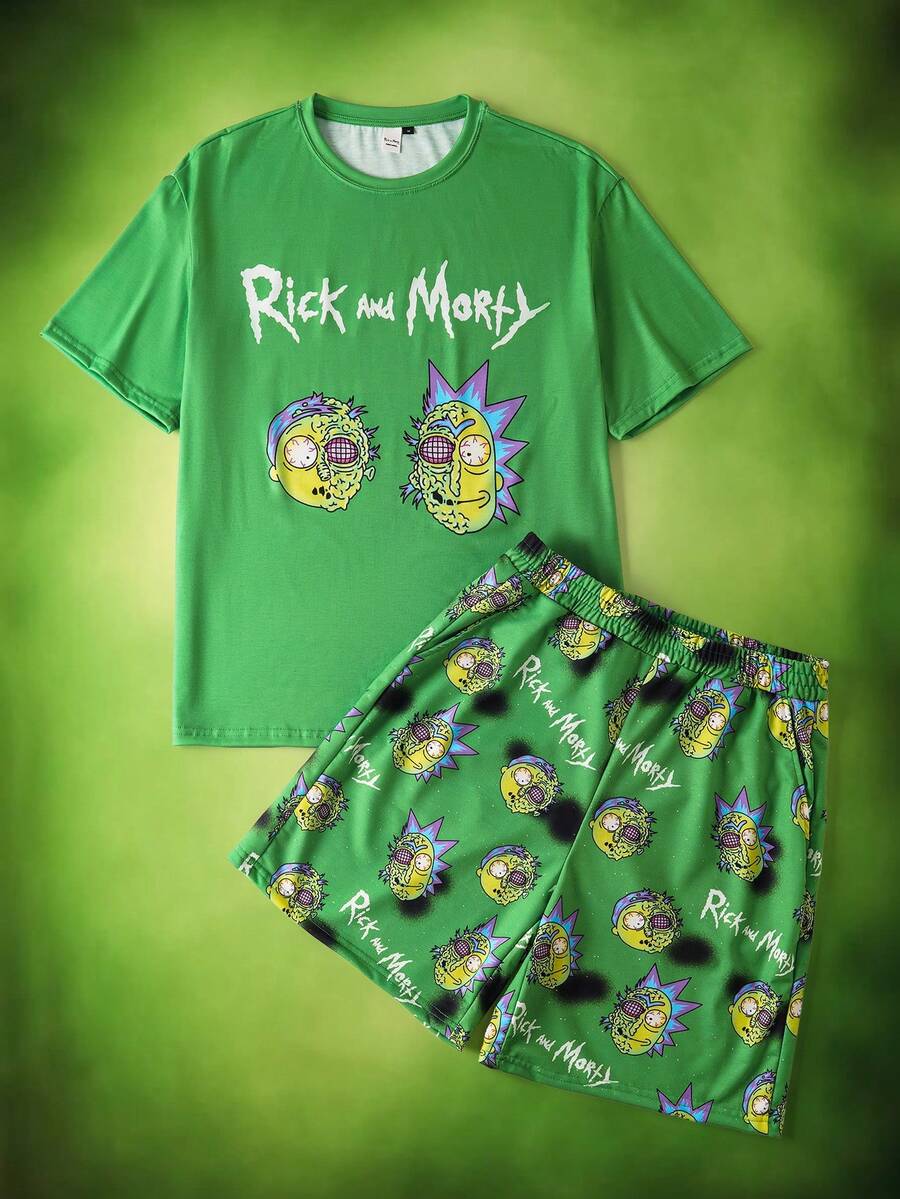 Rick and Morty X SHEIN 男士舒适卡通图案圆领短袖T恤短裤睡衣套装，夏季 - 綠色 - 查看 1