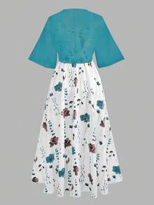 Franclia 大码女式时尚夏季碎花雪纺连衣裙和夹克优雅两件套 - 水鴨藍 - 查看 2