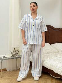 Dazy Plus 2pcs/Set Casual Striped Pajama Set, Loose Short Sleeve Top And Straight Leg Pants, Plus Size Women Spring/Autumn Sleepwear - Blue and White - View 6