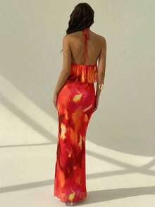 Aloruh Women's Tie-Dye Ruffle Hem Halter Top And Mini Skirt Sexy 2 Pieces Set, Vacation - White - View 2