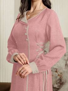Modelyn Vestido elegante con cordón ajustable en la cintura y tirantes delgados con ribete de color contrastante - Rosa - Ver 7
