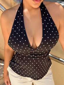 Maria Perezxox Áo ba lỗ không tay xếp ly cổ chữ V sâu in họa tiết chấm bi cho nữ - màu đen - Xem 3