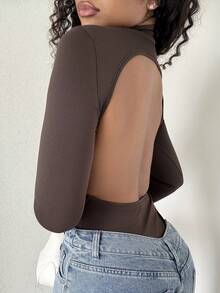 Alexandranx 女士性感镂空长袖紧身衣 - 咖啡棕 - 查看 4