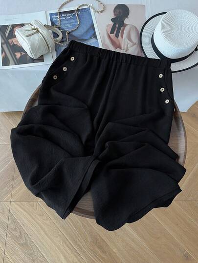 GlowEve CURVE Plus Size Women's Solid Color Elastic Waist Pocket Casual Loose Fit Wide Leg Pants, Versatile For Daily Wear