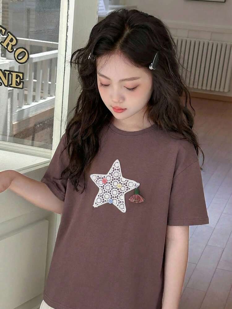 Tween Girl Round Neck Star Patch Decor Casual Versatile Daily Wear Short Sleeve T-Shirt Summer