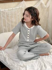 DAZY 少女条纹印花圆领短袖上衣和裤子睡衣套装 - 彩色 - 查看 1