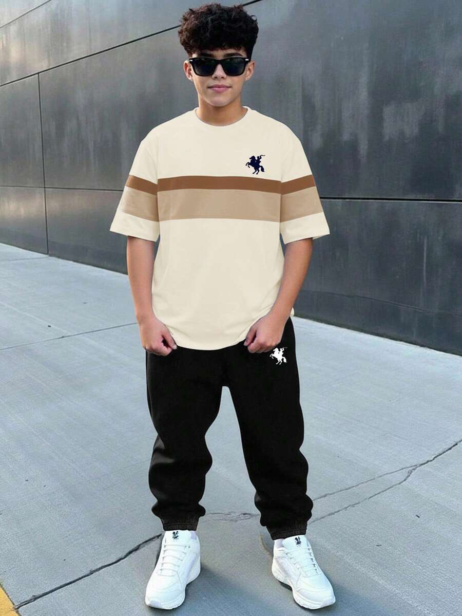 青少年男童休闲简约时尚经典酷炫风格小马标志美式复古运动撞色圆领短袖T恤裤套装 - 彩色 - 查看 1
