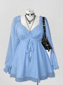 Sunspun Plus Size Women Lace Trim Knot Design Ruched Fashionable Versatile Long Sleeve Blouse - Blue - View 2