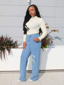 Steph T High Waist Ripped Jeans - Light Wash - View 5