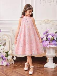 Girls' Elegant Bowknot Colorful Beaded Mesh Sleeveless Party Dress,Pink Summer Flower Girl Dress For Party,Gathering,Outing,Traditional Arabic Style - Multicolor - View 3