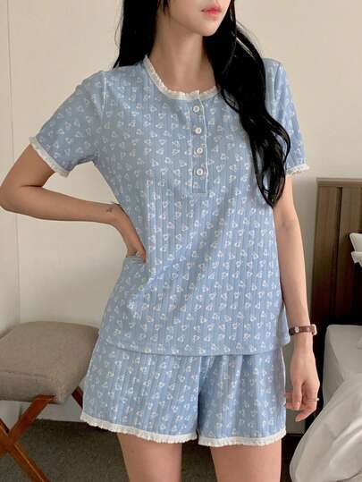 DAZY 可爱小熊与碎花撞色滚边睡衣套装（女士款）