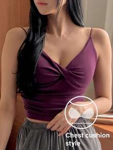 DAZY Women's Minimalist Twist Knot Camisole Top With Built-In Padded Bra - Purple - View 1