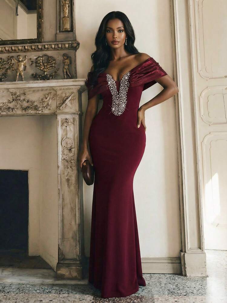 Elegant One-Shoulder Rhinestone Embellished Deep V-Neck Long Dress, Purple Fitted Slimming Party Gown For Women
