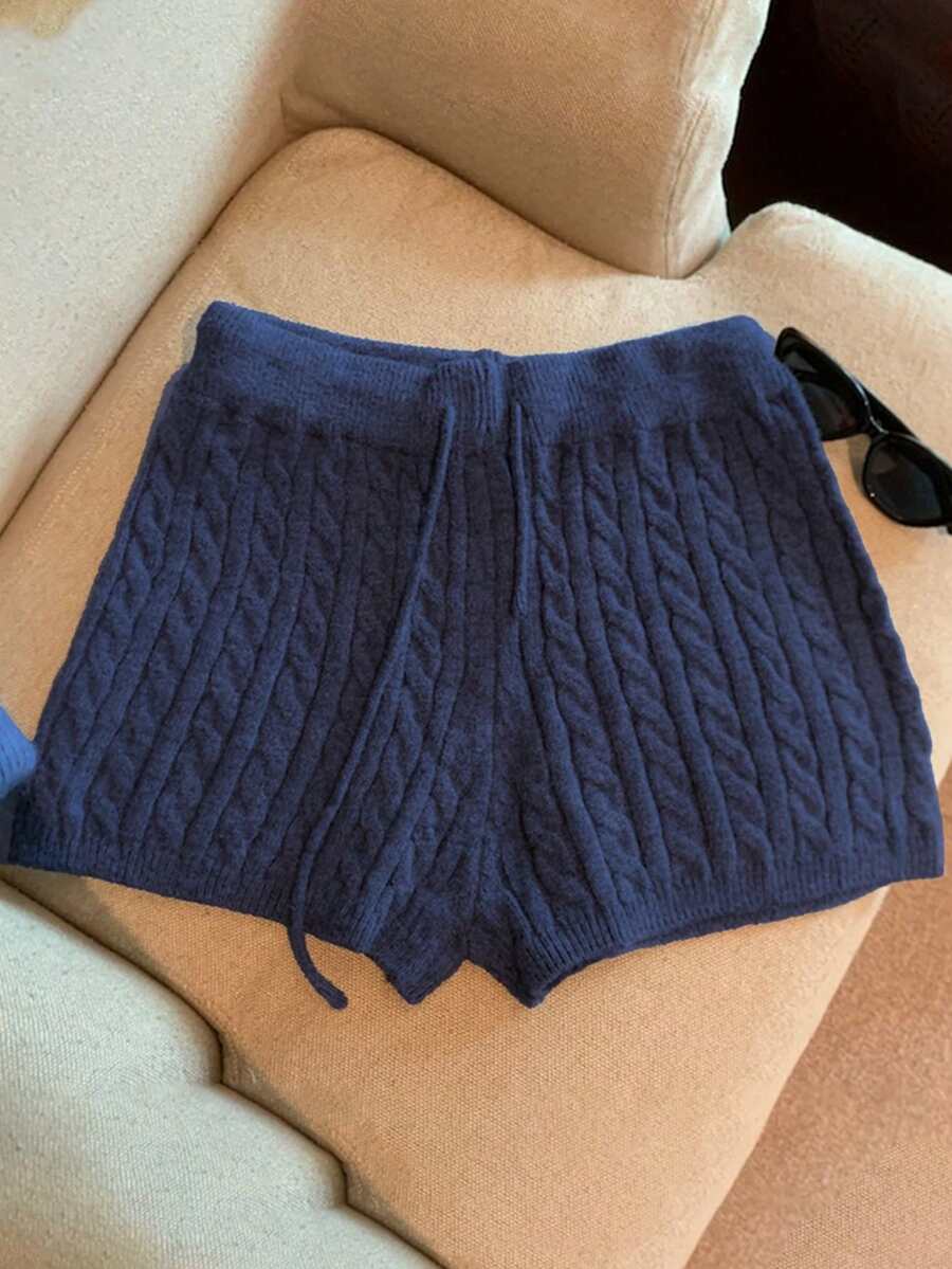 SHEIN Franclia Quần short len dệt kim màu trơn dành cho nữ, có dây rút ở eo, kiểu dáng thường ngày. - Xanh đậm - Xem 1