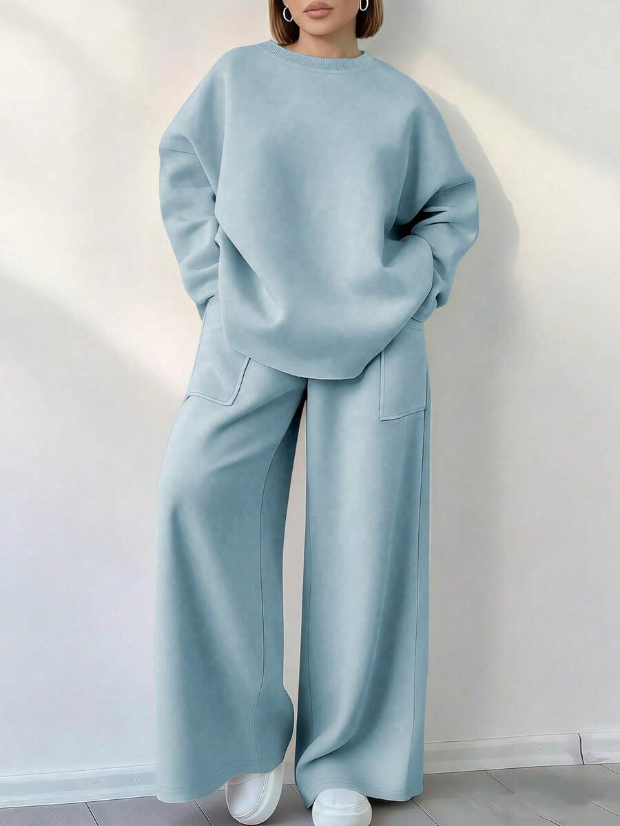EMERY ROSE Women's Solid Color Crew Neck Long Sleeve Pullover Top And Wide Leg Pants Casual 2-Piece Set - Baby Blue - View 1