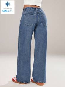 SHEIN ICON Women's Pocket Button Casual Versatile Commuting Wide-Leg Jeans - Blue - View 2